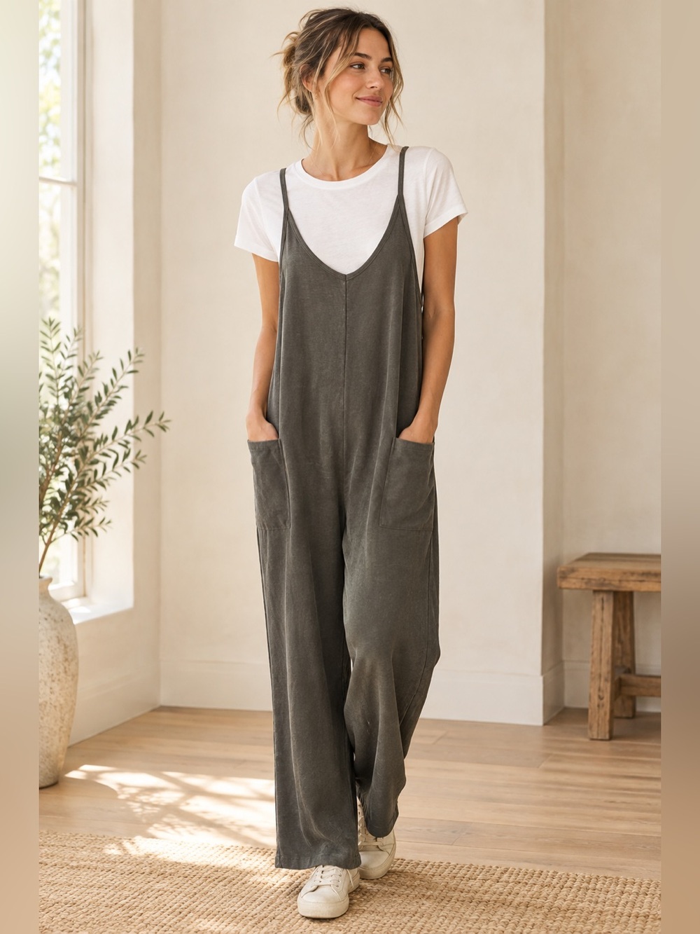 Sundry for Anthropologie Gray Jumpsuit Romper + White Tee Set